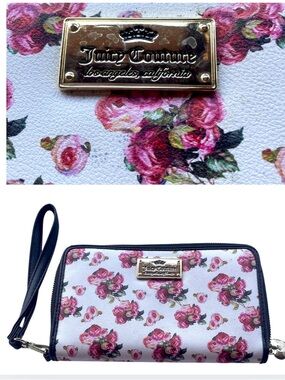 Juicy Couture Pink Rose Print Wristlet Wallet with Gold Logo